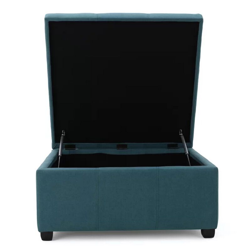 Carl Storage Ottoman, Teal Tufted Fabric, Soft Cushion, Black, 35 Inch - Benzara