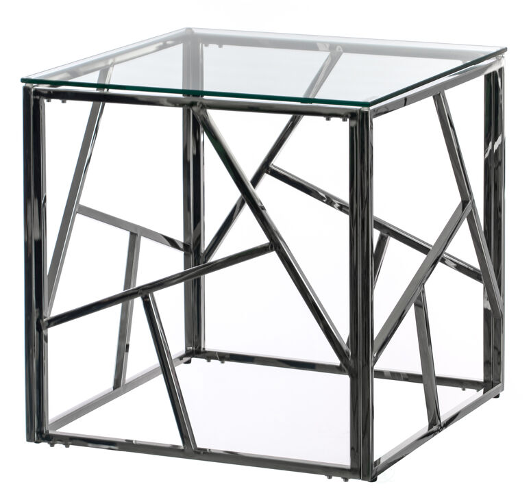 Modern Square End Side Table, Tempered Glass Top Metal Coffee Table, Silver