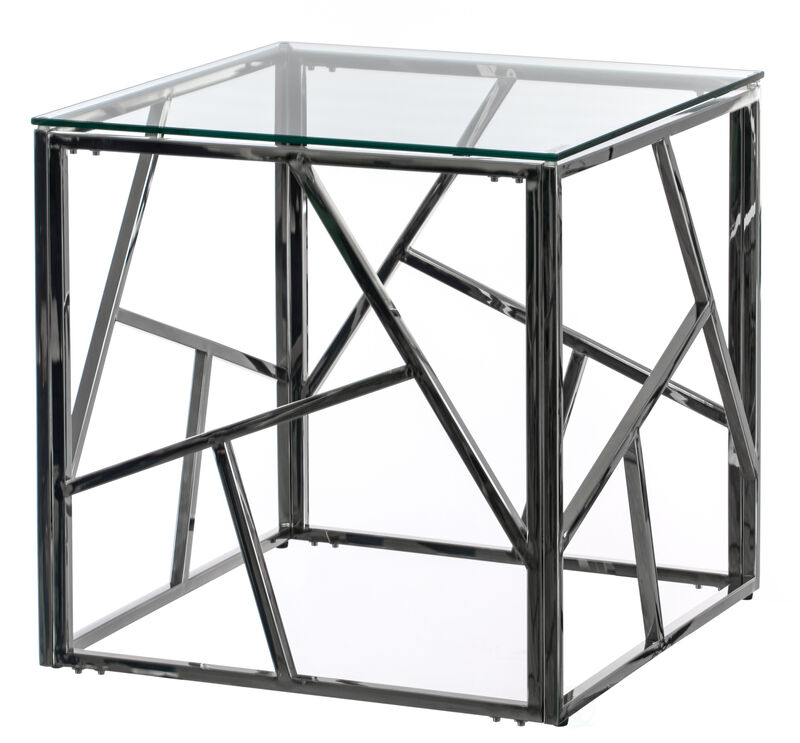 Modern Square End Side Table, Tempered Glass Top Metal Coffee Table, Silver