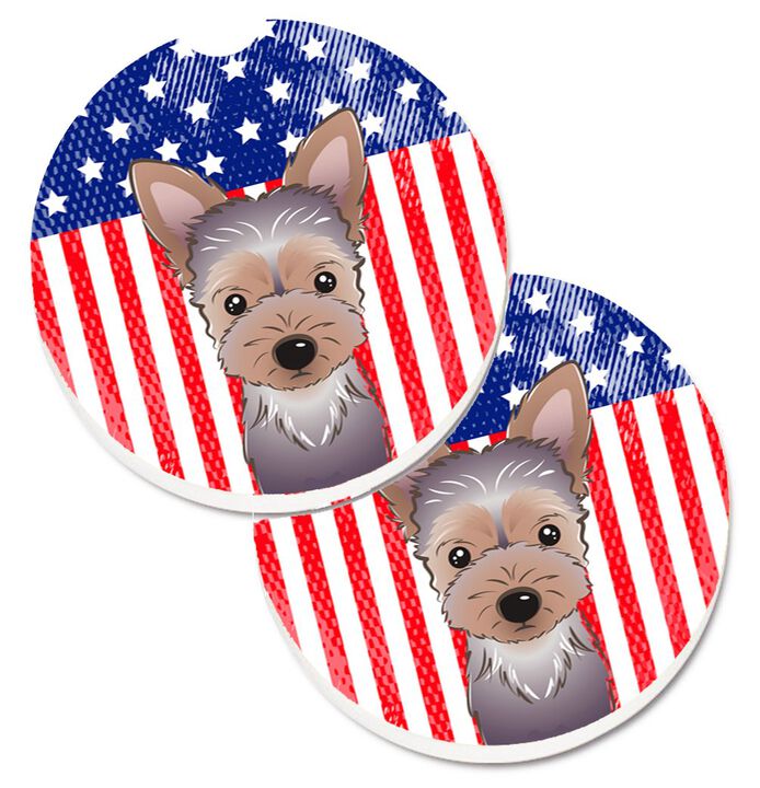 Caroline's Treasures American Flag & Yorkie Puppy Set of 2 Cup Holder Car Coasters BB2162CARC, 2.56, Multicolor