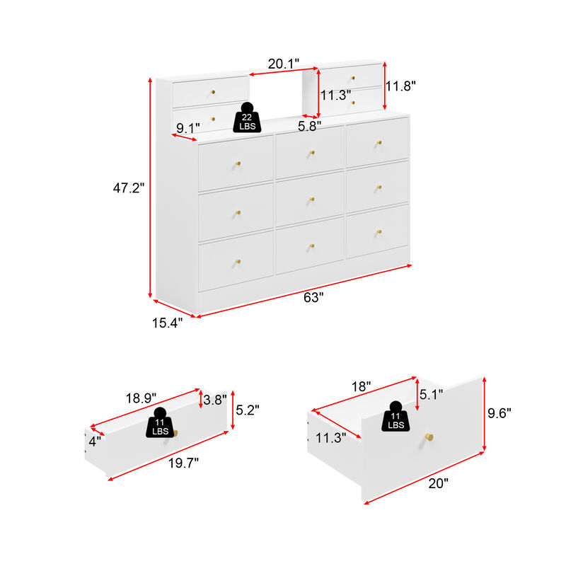 13-Drawer Dresser With Adjustable Lights And White Finish