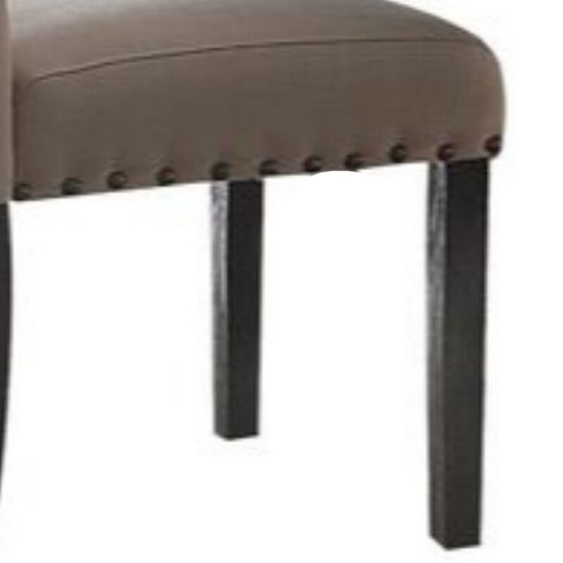 Nailhead Trim Fabric Upholstered Wooden Side Chair, Set of 2, Beige and Brown-Benzara