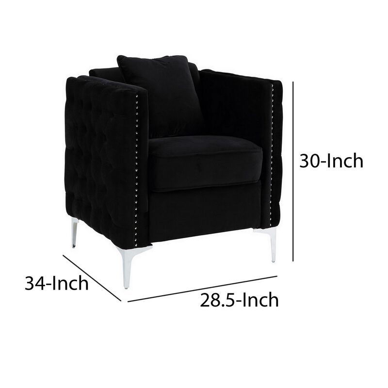 Zion 34 Inch Accent Chair with Throw Pillow, Handmade Tufted, Black Velvet-Benzara