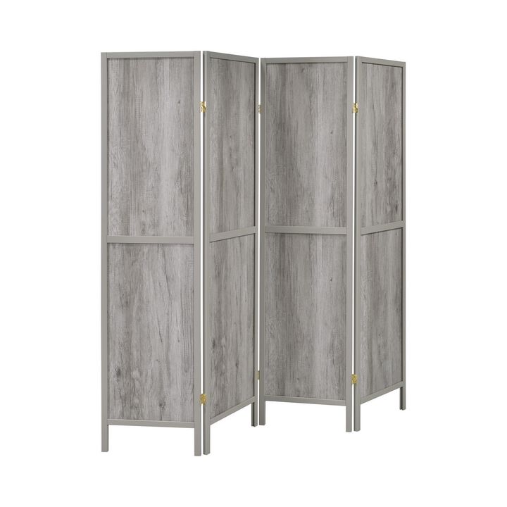 70 Inch Modern 4 Panel Folding Screen Room Divider, Rustic Gray Wood Finish-Benzara