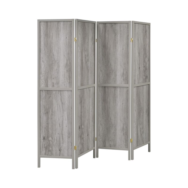 70 Inch Modern 4 Panel Folding Screen Room Divider, Rustic Gray Wood Finish-Benzara