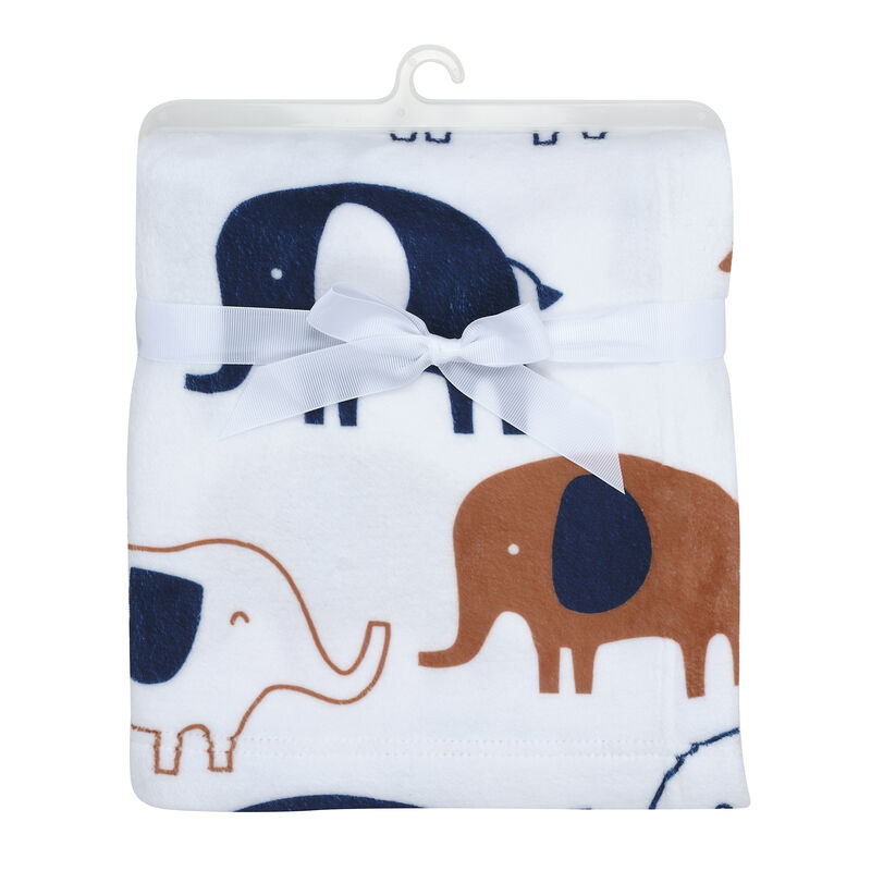 Lambs & Ivy Playful Elephant White/Blue Printed Fleece Baby Blanket