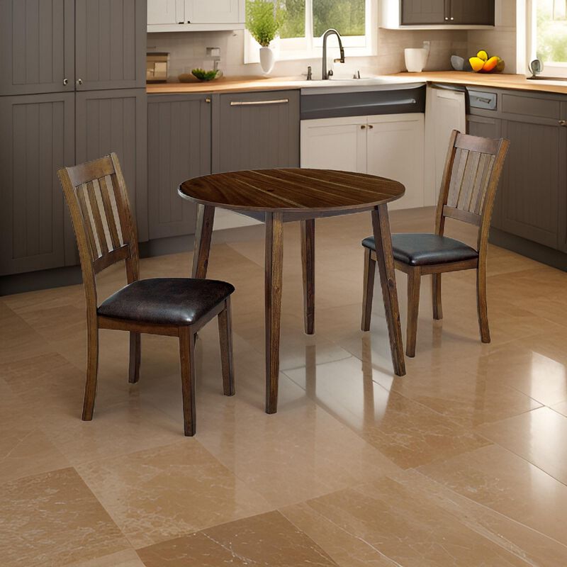 3 Piece Round Dining Table and Leatherette Chair Set, Brown-Benzara