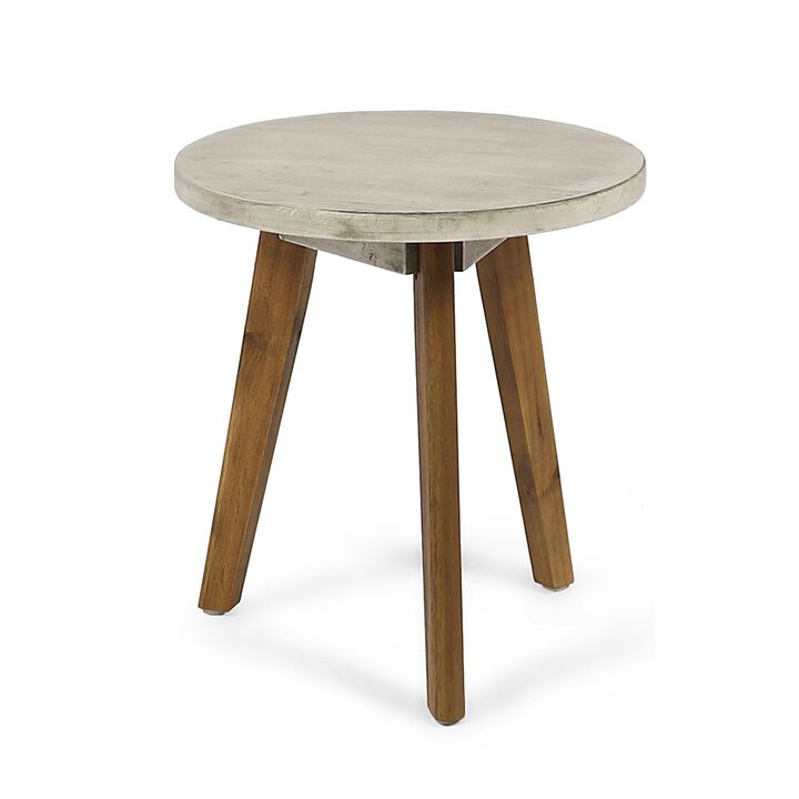 Ina Side End Table, Angled Legs, 16 Inch Round Gray Top, Acacia Wood - Benzara