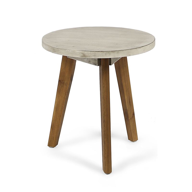 Ina Side End Table, Angled Legs, 16 Inch Round Gray Top, Acacia Wood - Benzara