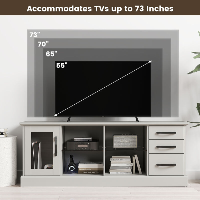 Media Console Table with 3 Drawers and 2 Glass Shelves for Stylish TV and Media Storage