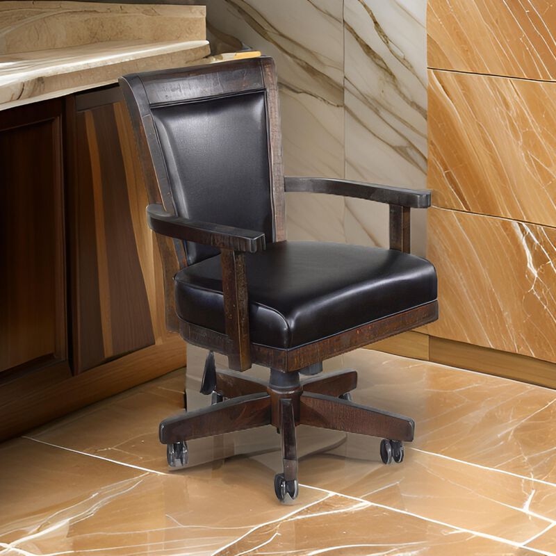 Flint Rolling Swivel Game Chair, Black Faux Leather, Dark Brown Wood - Benzara