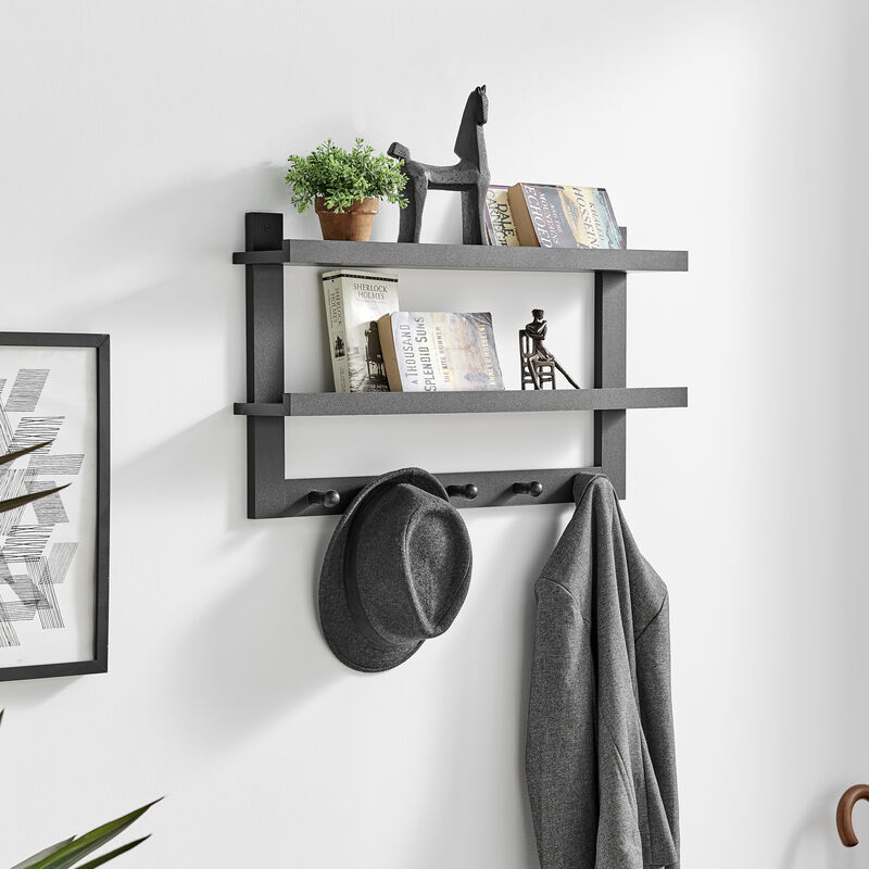 Two-Tier Ledge Shelf Wall Organizer with Five Hanging Hooks