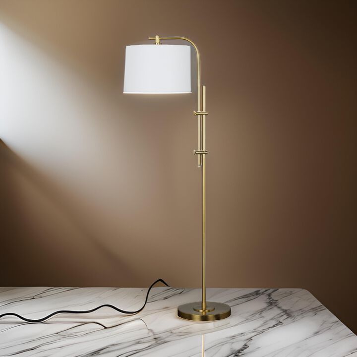 Rhys 60 Inch Floor Lamp, Adjustable Arm, White Drum Shade Round Brass Metal - Benzara