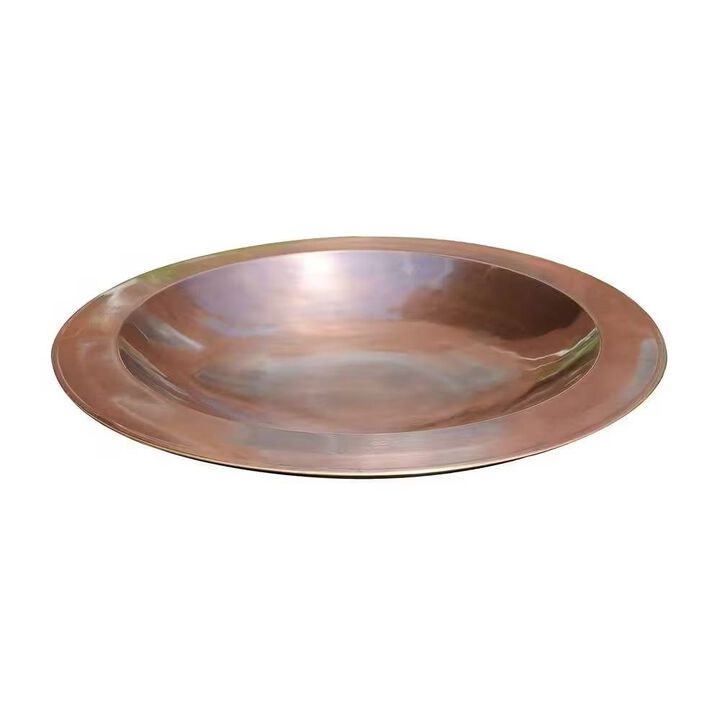 Large Round Copper Plated Brass Bird Bath with Rimmed Bowl Design