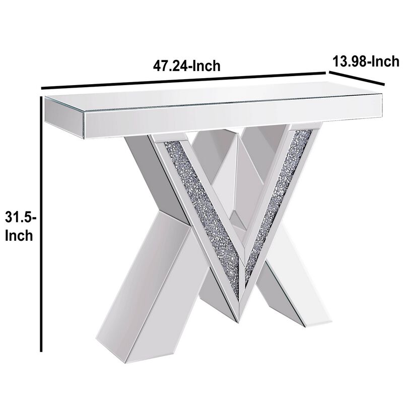Wood and Mirror Console Table with Interlocking V Shape Base, Clear-Benzara