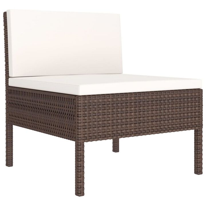3pc Outdoor Modular Sofa Set, Cushions, Cream White, Brown Poly Rattan - Benzara