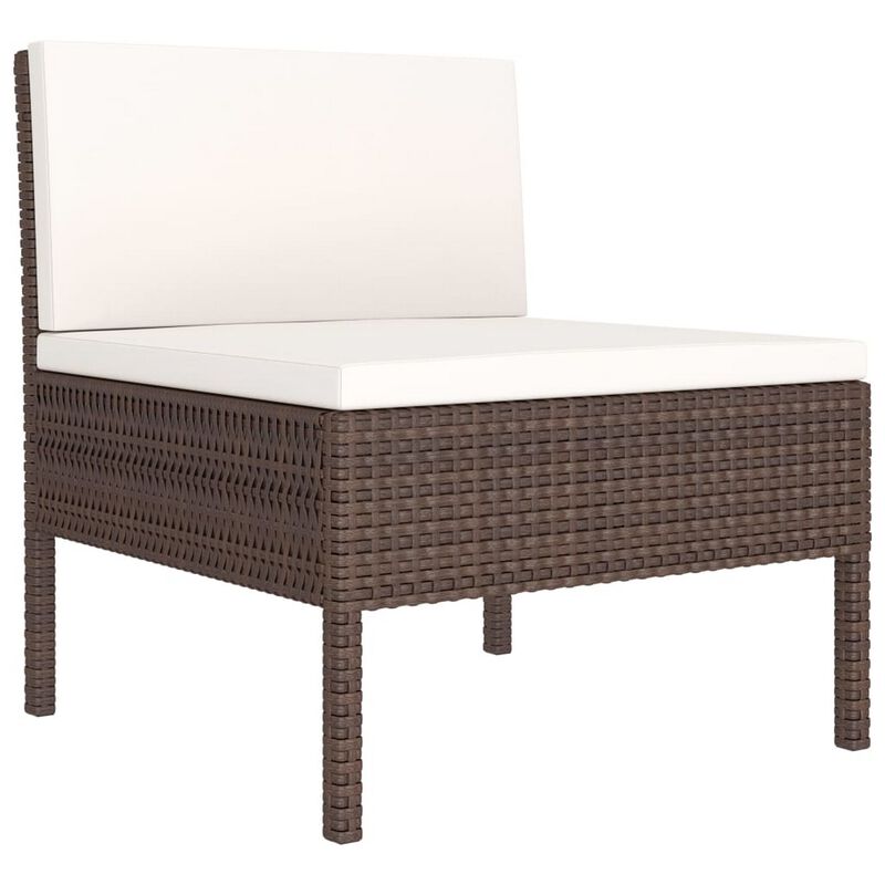 3pc Outdoor Modular Sofa Set, Cushions, Cream White, Brown Poly Rattan - Benzara
