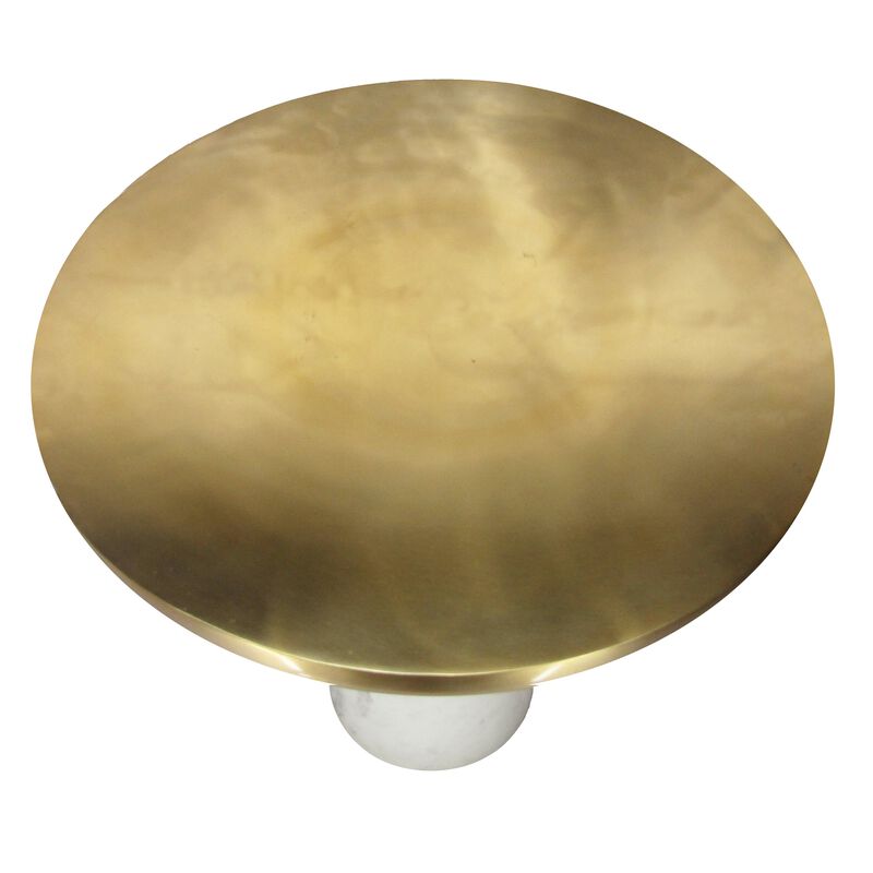 17 Inch Round Brass Modern Accent End Table with Cylindrical Marble Base, Brass, White-Benzara