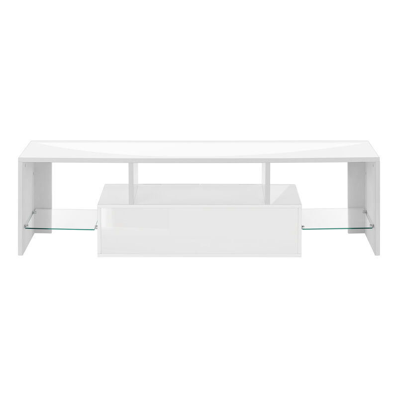 Monarch Specialties I 3548 Tv Stand, 63 Inch, Console, Media Entertainment Center, Storage Cabinet, Living Room, Bedroom, Laminate, Glossy White, Clear, Contemporary, Modern