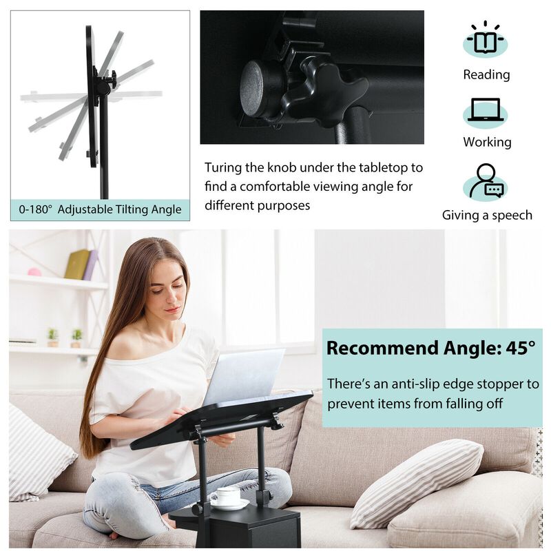 Adjustable Mobile Standing Desk Cart with Tilt Desktop and Cabinet