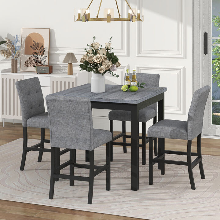 5-Piece Counter Height Dining Set Wood Square Dining Room Table And Chairs Stools with Footrest