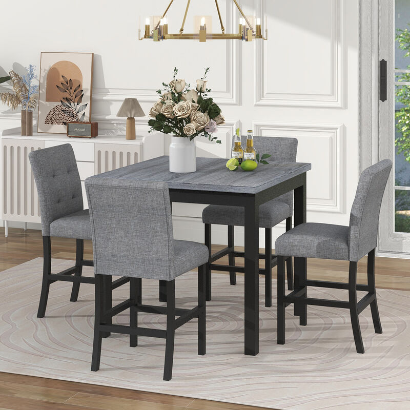 5-Piece Counter Height Dining Set Wood Square Dining Room Table And Chairs Stools with Footrest