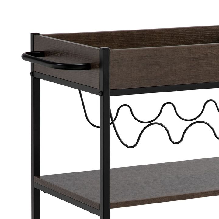 Kelcy 34 Inch Modern Kitchen Bar Cart, 3 Shelves, Wine Rack, Wheels, Brown-Benzara
