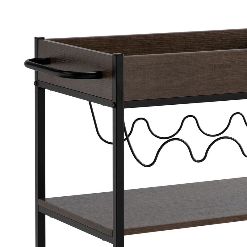 Kelcy 34 Inch Modern Kitchen Bar Cart, 3 Shelves, Wine Rack, Wheels, Brown-Benzara