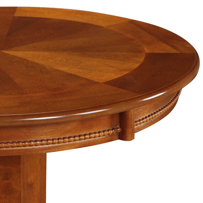 Ava 42 Inch Wood Pub Bar Table, Sunburst Design, Carved Pedestal, Walnut-Benzara