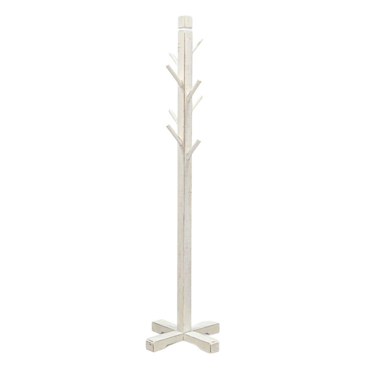 Rena Coat, Hat Rack Stand, 8 Wood Stems, 72 Inch Rustic White Mahogany - Benzara