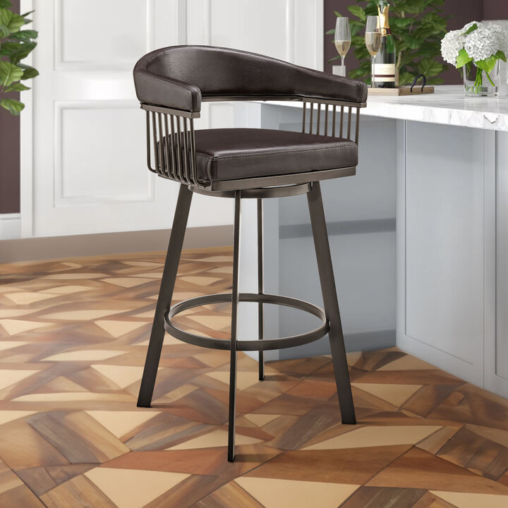 Swivel Barstool with Open Metal Frame and Slatted Arms, Brown-Benzara