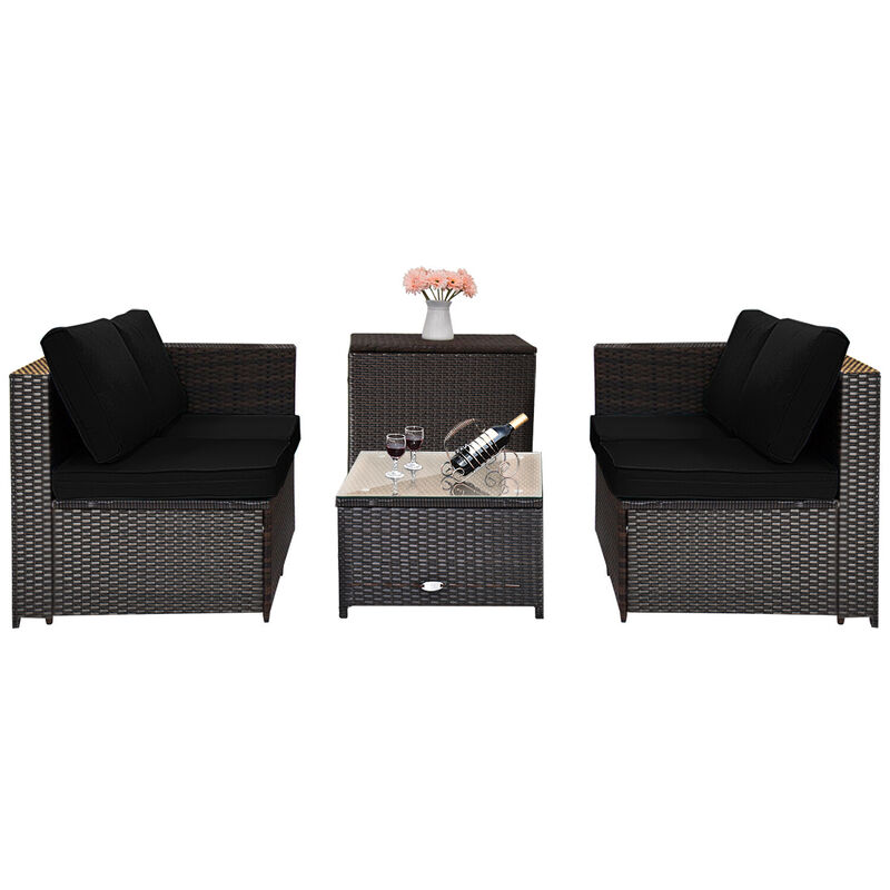 4 Pieces Outdoor Patio Rattan Furniture Set with Cushioned Loveseat and Storage Box