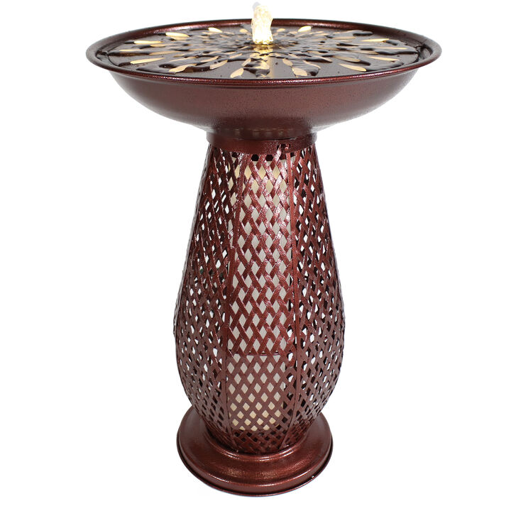 Sunnydaze Iron Crosshatch Bird Bath Water Fountain with LED Lights