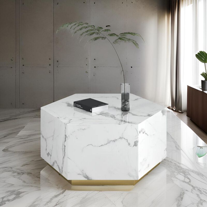 Hexi 35 Inch Coffee Table, Hexagonal, White Marble Design, Gold Base - Benzara