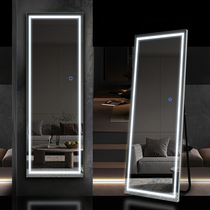 63*20 Rectangle Framed Right Angle LED  Full Length Mirror in Sliver
