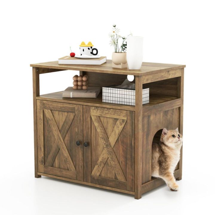 Hivvago Cat Litter Box Enclosure with Double Barn Doors  Divider  Side Entry and Storage Shelf