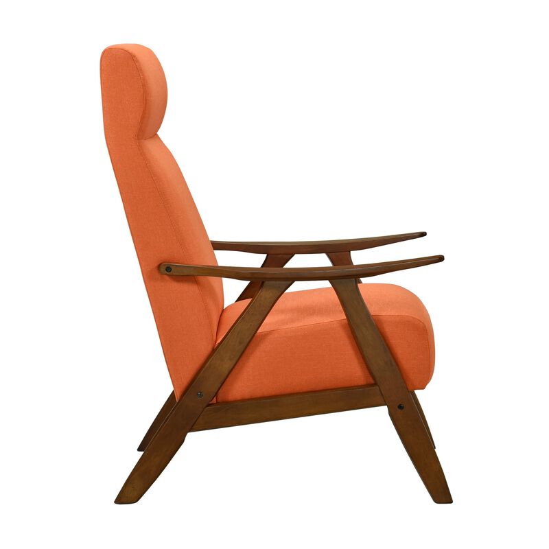 Mary 32 Inch Accent Chair Armchair, Orange Polyester Linen, Solid Wood - Benzara