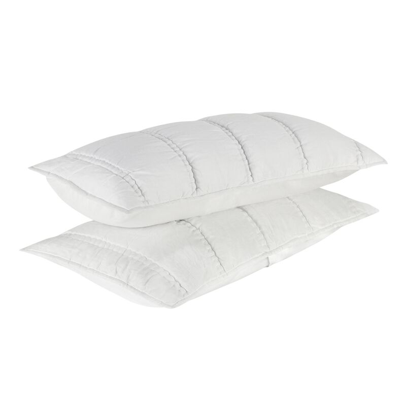 Rawi Lumbar King Pillow Sham, 20x36 Channel Stitch White Ramie Cotton - Benzara