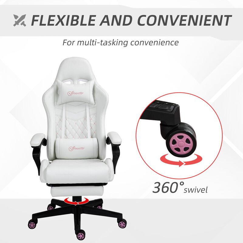 White Gaming Comfort: Racing Chair with PU Leather and Retractable Footrest