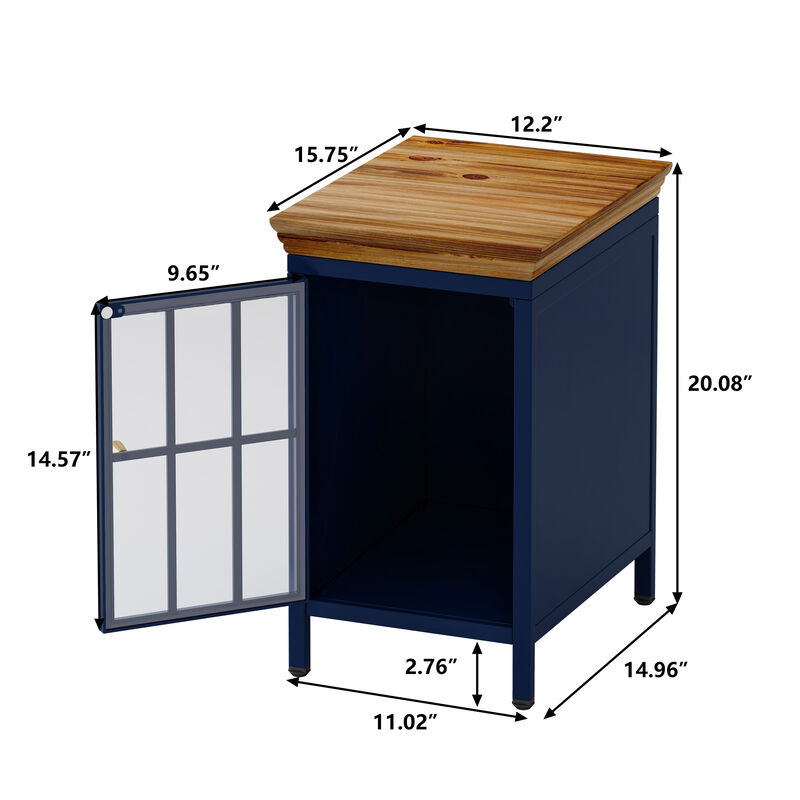 Solid Wood Nightstand with Storage Cabinet in Dark Blue