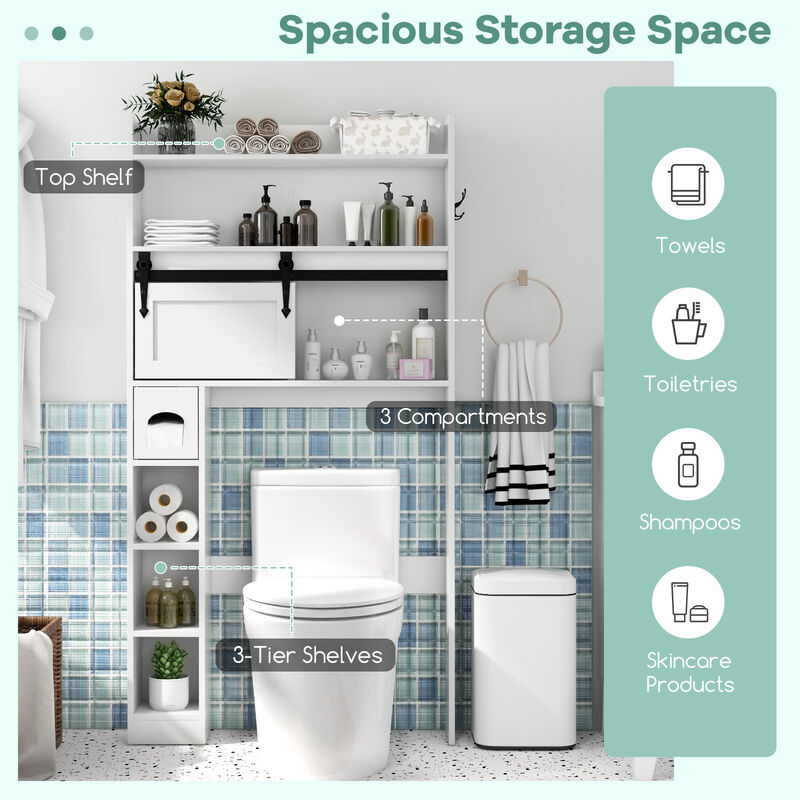 Over The Toilet Storage Cabinet with Sliding Barn Door and Adjustable Shelves