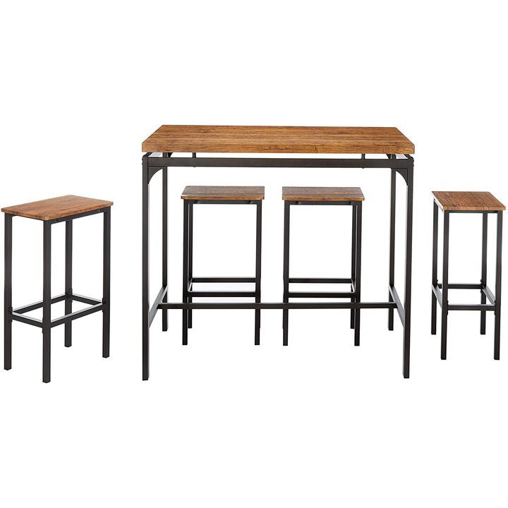 5 Piece Wooden Bar Table and Bar Stools with Metal Legs, Brown and Black - Benzara