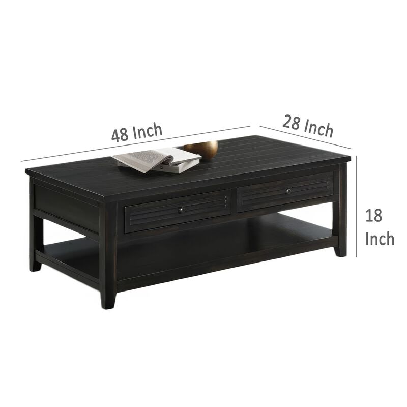 Coni Coffee Table, 2 Drawers, 1 Shelf, Black Wood Frame, 48 Inch - Benzara