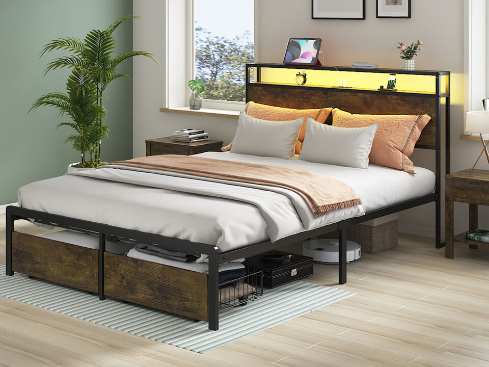 Bed Frame with LED Lights and Charging Station - Robust Metal Wood Construction, Rustic Wood Platform Bed Frame with 2 Drawers, No Box Spring Needed, Noise Free, Vintage Brown, Easy Assemble