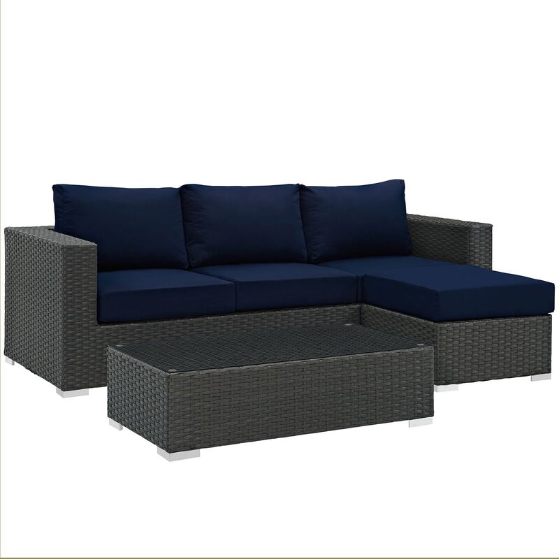 Sojourn 3 Piece Outdoor Patio Sunbrella Sectional Set - Canvas Navy