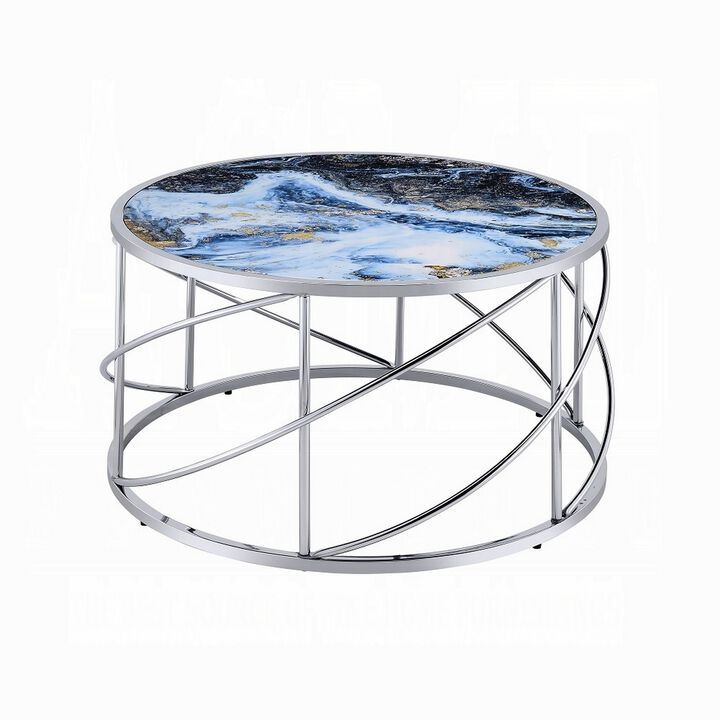 Shira Round Coffee Table, 33 Inch, Open Chrome Base, Blue Faux Marble - Benzara