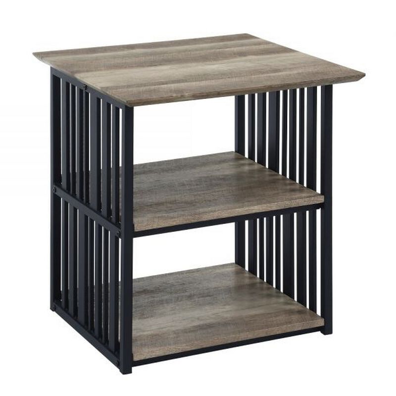 Nori 23 Inch Nightstand, 2 Shelves, Metal Base, MDF, Antique Oak and Black - Benzara