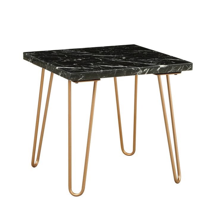 Black Marble Top End Table With Metal Hairpin Style Legs In Gold-Benzara