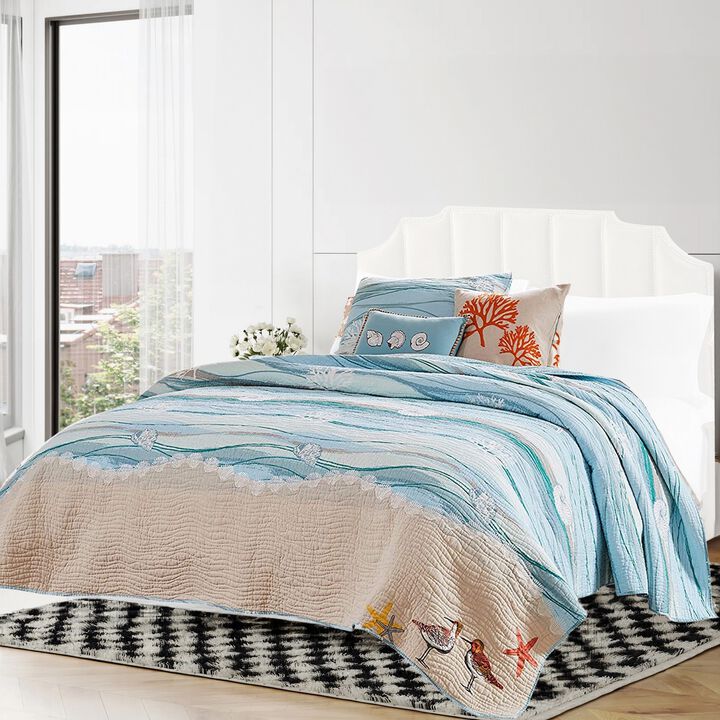 Maritsa Three Piece Queen Size Fabric Quilt Set with Coastal Prints, Blue - Benzara