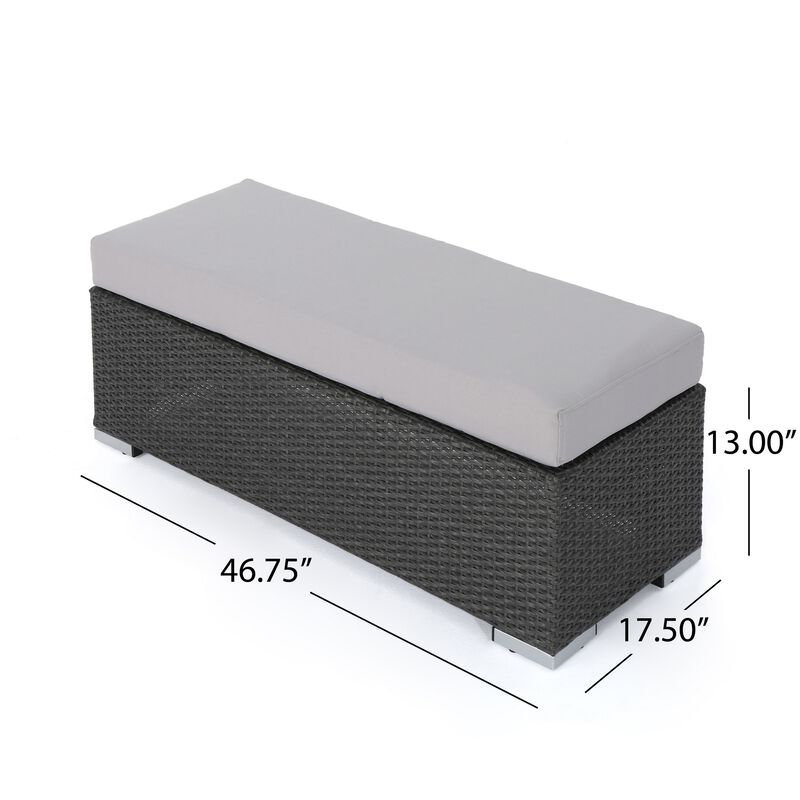 Sanie Outdoor Bench, 47 Inch, Gray Resin Wicker Weave, Silver Polyester